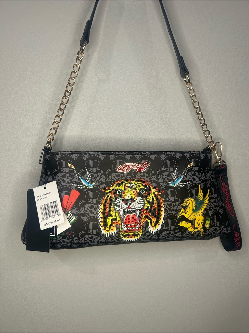 Ed Hardy Black Shoulder Bag with Colorful Tiger and Pegasus Motifs
